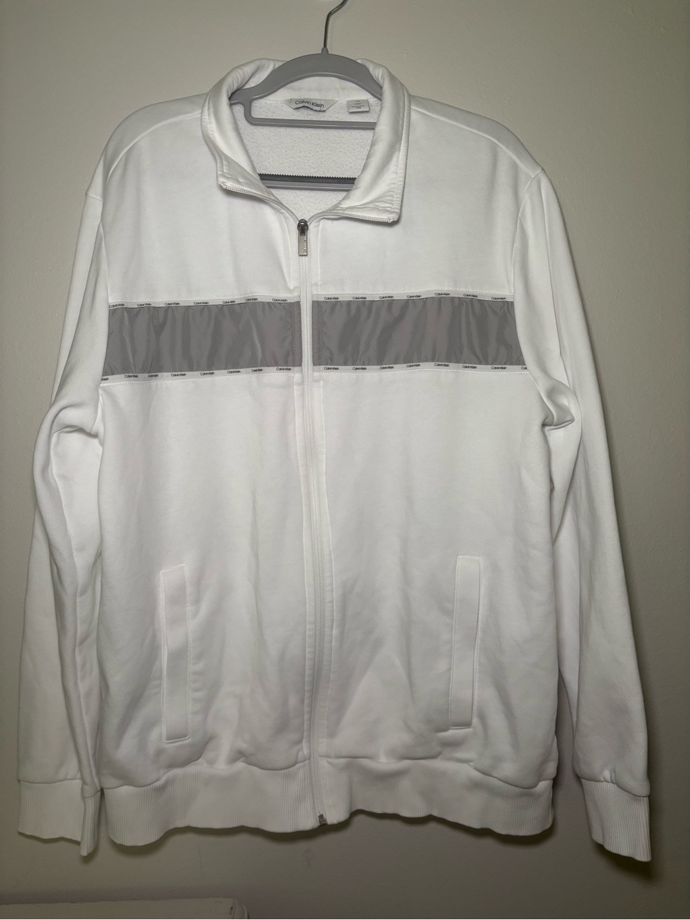 Calvin Klein White Full-Zip Jacket with Gray Chest Stripe